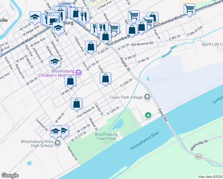map of restaurants, bars, coffee shops, grocery stores, and more near 193 E 10th St in Bloomsburg
