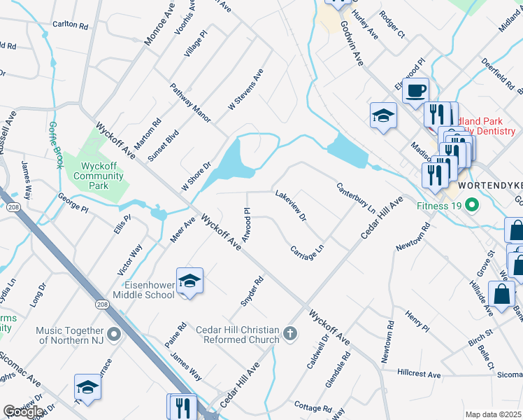 map of restaurants, bars, coffee shops, grocery stores, and more near 372 Carriage Lane in Wyckoff