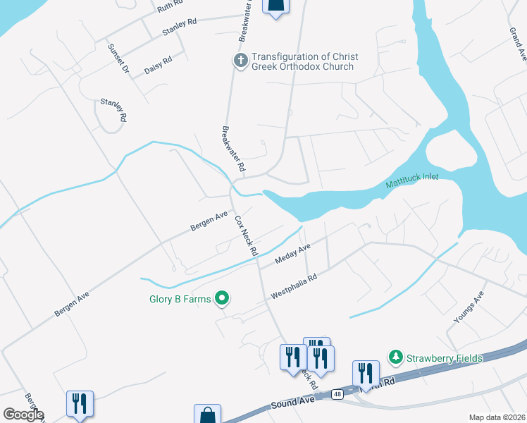 map of restaurants, bars, coffee shops, grocery stores, and more near 3200 Cox Neck Road in Mattituck