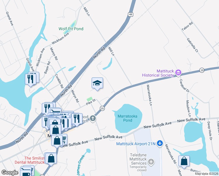 map of restaurants, bars, coffee shops, grocery stores, and more near 265 Village Lane in Mattituck