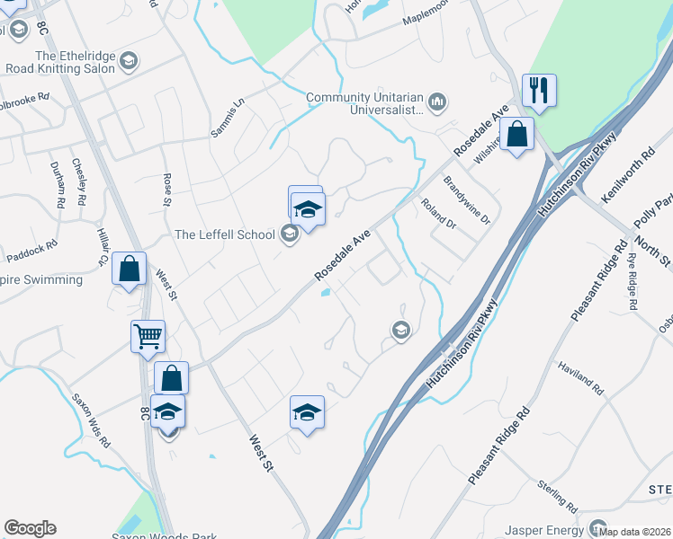 map of restaurants, bars, coffee shops, grocery stores, and more near 20 Carriage Way in White Plains
