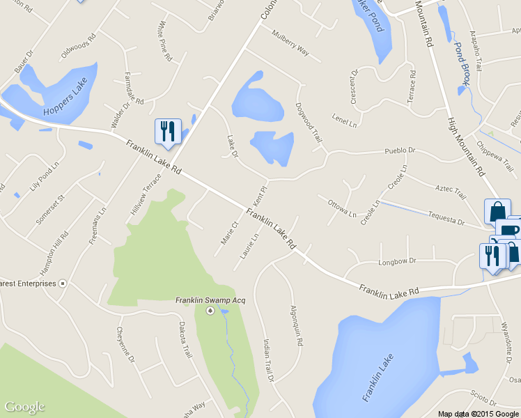 map of restaurants, bars, coffee shops, grocery stores, and more near 1001 Franklin Lake Rd in Franklin Lakes