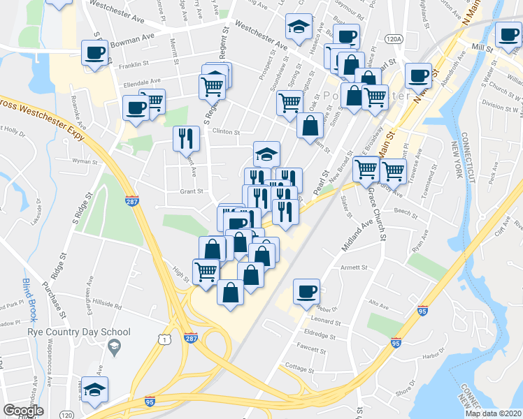 map of restaurants, bars, coffee shops, grocery stores, and more near 262 Boston Post Road in Port Chester
