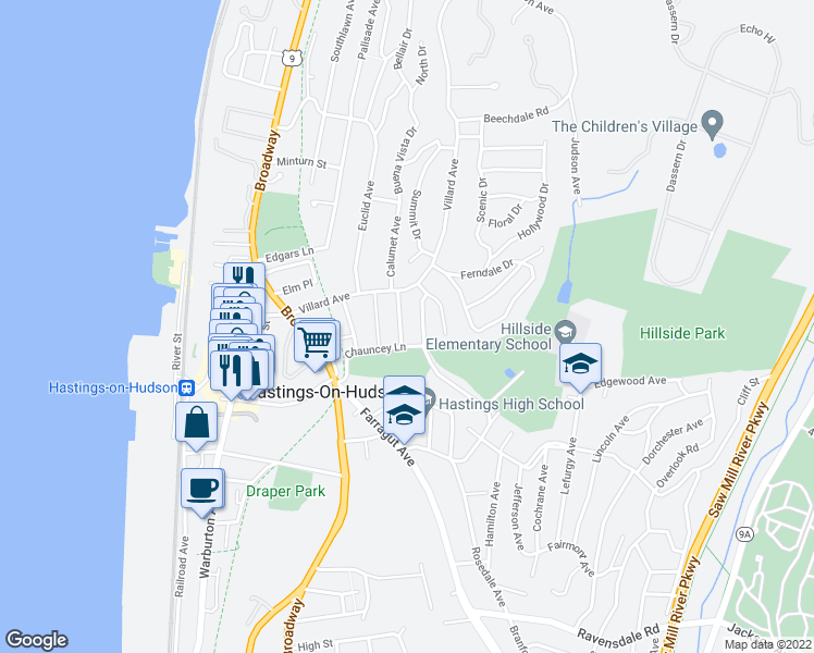 map of restaurants, bars, coffee shops, grocery stores, and more near 32 South Drive in Hastings-on-Hudson