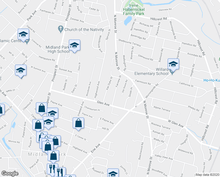 map of restaurants, bars, coffee shops, grocery stores, and more near 447 Van Dyke Street in Ridgewood
