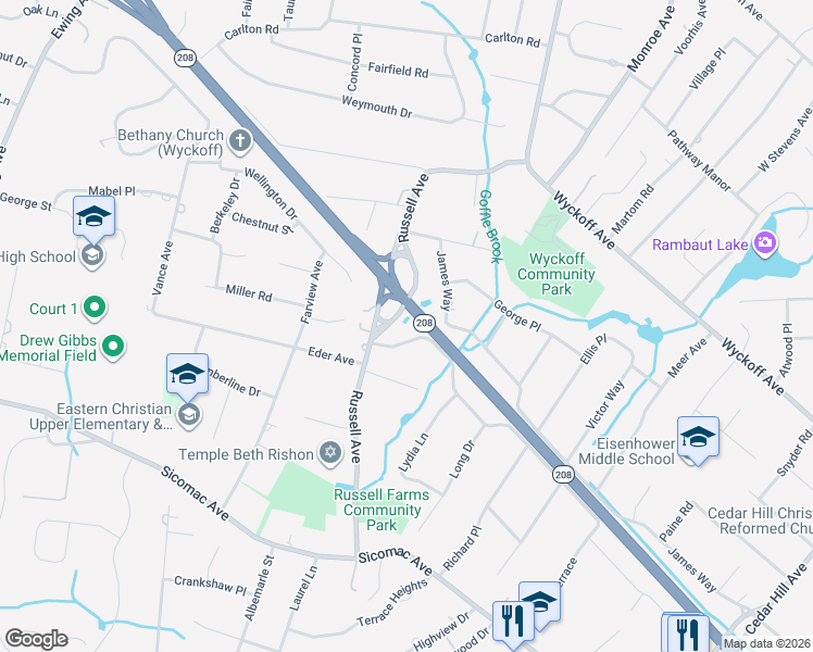 map of restaurants, bars, coffee shops, grocery stores, and more near 476 William Way North in Wyckoff