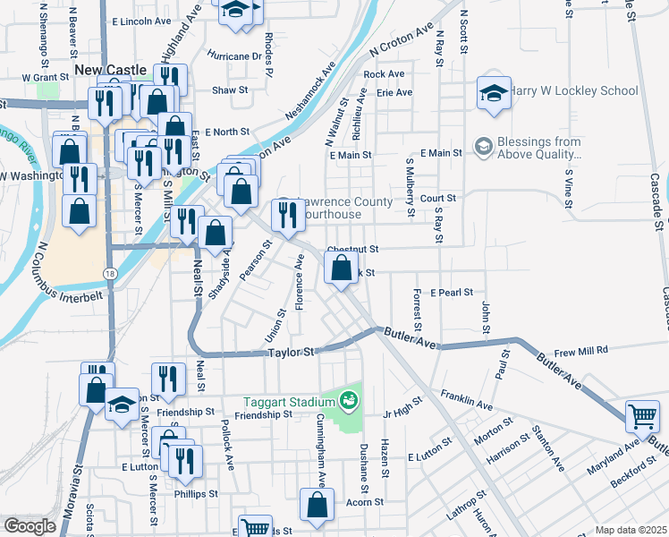 map of restaurants, bars, coffee shops, grocery stores, and more near 514 East Washington Street in New Castle