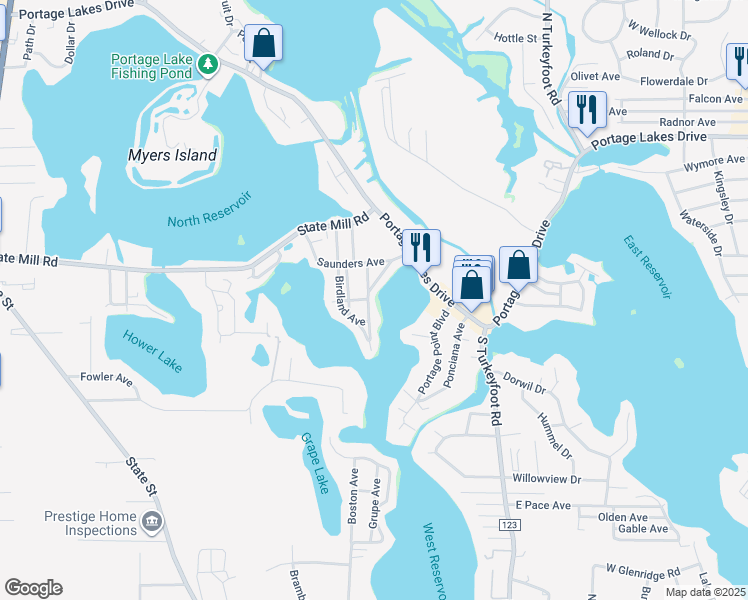 map of restaurants, bars, coffee shops, grocery stores, and more near 3577 Mong Avenue in Akron