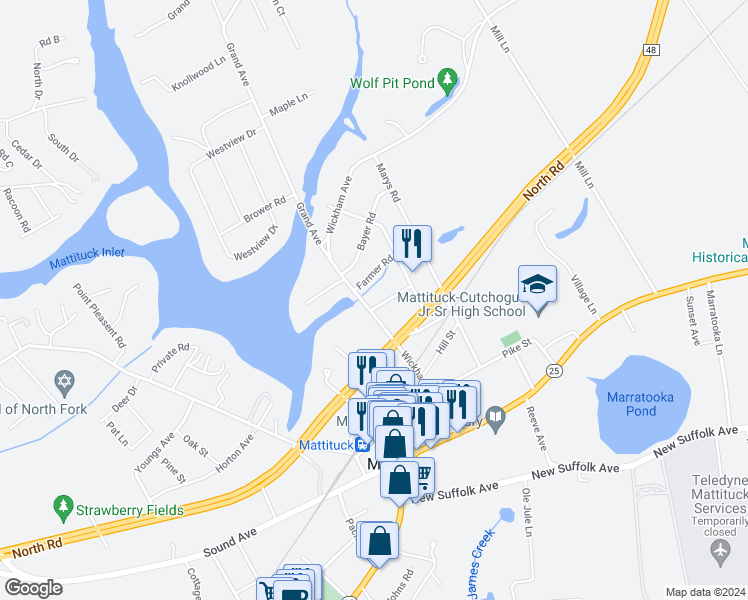 map of restaurants, bars, coffee shops, grocery stores, and more near 65 Freeman Road in Mattituck