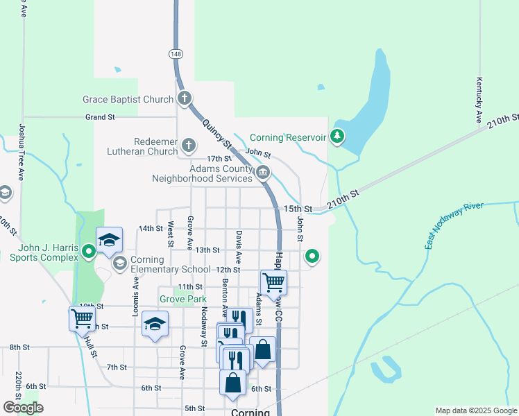 map of restaurants, bars, coffee shops, grocery stores, and more near 401 15th Street in Corning
