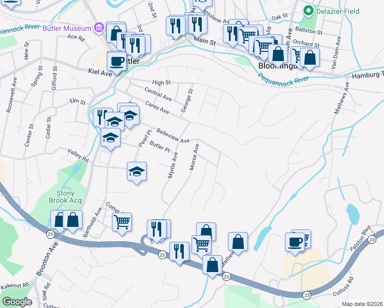 map of restaurants, bars, coffee shops, grocery stores, and more near 9 Morse Avenue in Butler
