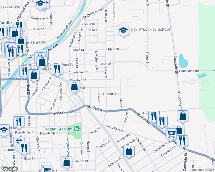 map of restaurants, bars, coffee shops, grocery stores, and more near 513 South Ray Street in New Castle