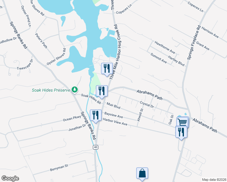 map of restaurants, bars, coffee shops, grocery stores, and more near 3 Crystal Dr in East Hampton
