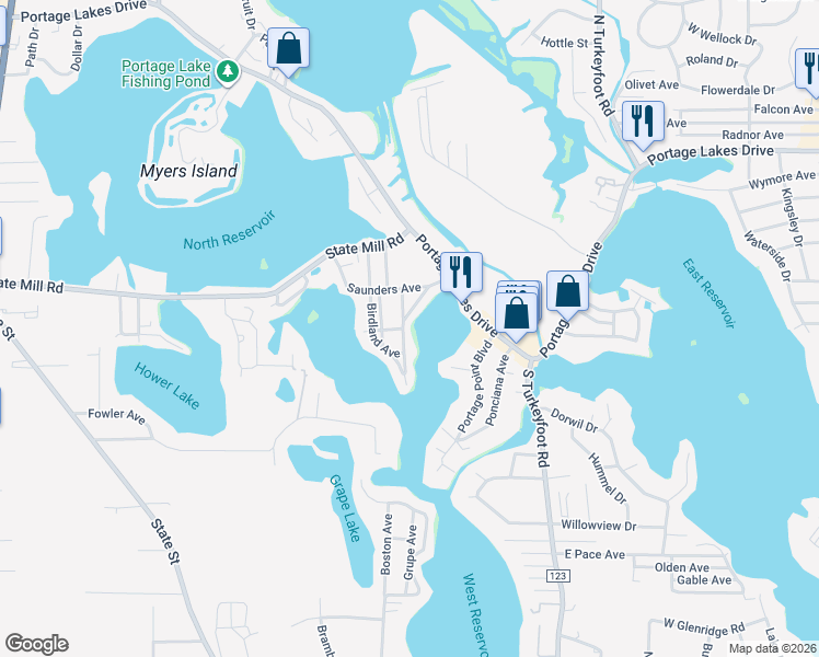 map of restaurants, bars, coffee shops, grocery stores, and more near 3577 Mong Avenue in Akron