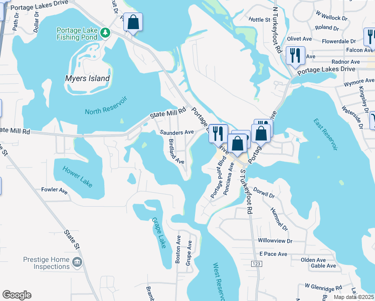 map of restaurants, bars, coffee shops, grocery stores, and more near 3577 Mong Avenue in Akron