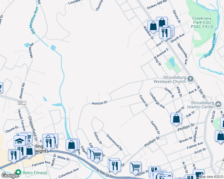 map of restaurants, bars, coffee shops, grocery stores, and more near 720 Avenue C in Stroudsburg