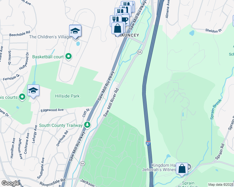 map of restaurants, bars, coffee shops, grocery stores, and more near 419 Saw Mill River Road in Hastings-on-Hudson