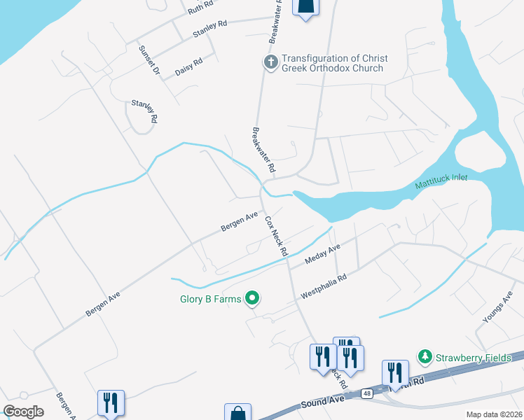 map of restaurants, bars, coffee shops, grocery stores, and more near 3390 Cox Neck Road in Mattituck