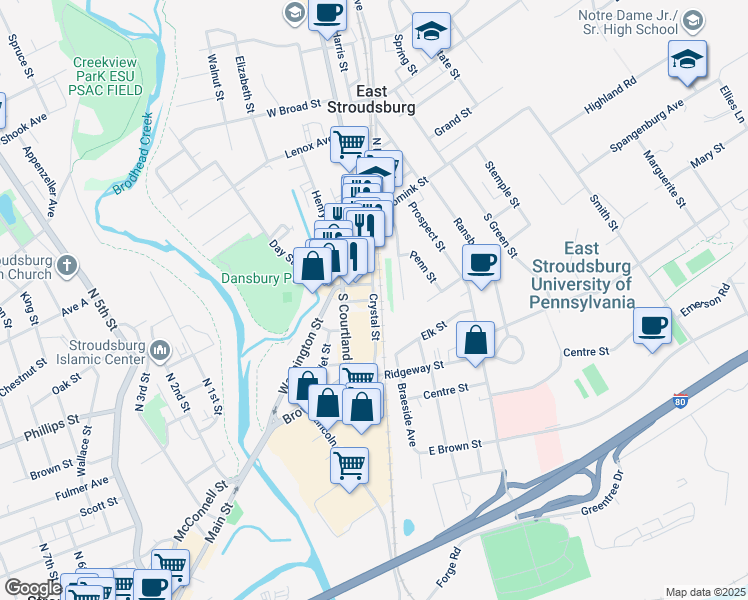 map of restaurants, bars, coffee shops, grocery stores, and more near Crystal Street in East Stroudsburg