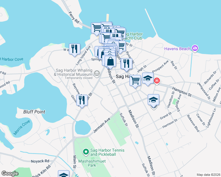 map of restaurants, bars, coffee shops, grocery stores, and more near 5 Suffolk Street in Sag Harbor