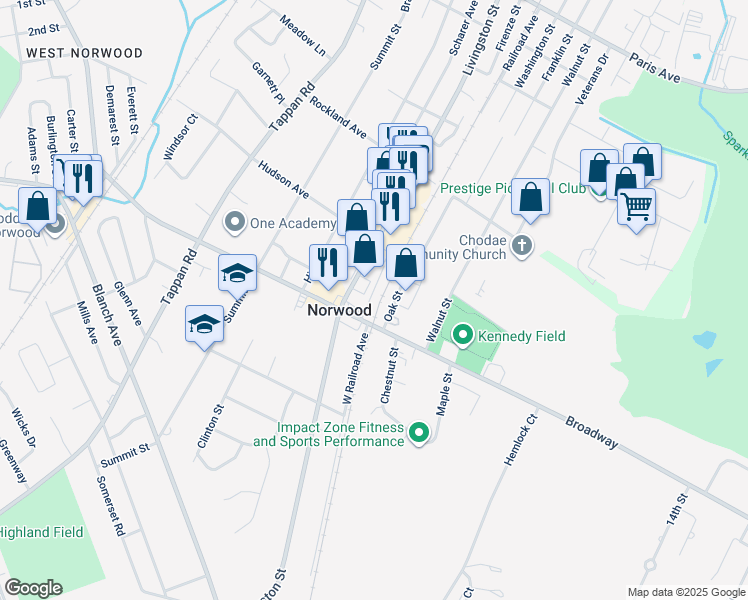 map of restaurants, bars, coffee shops, grocery stores, and more near 26 Jay Street in Norwood