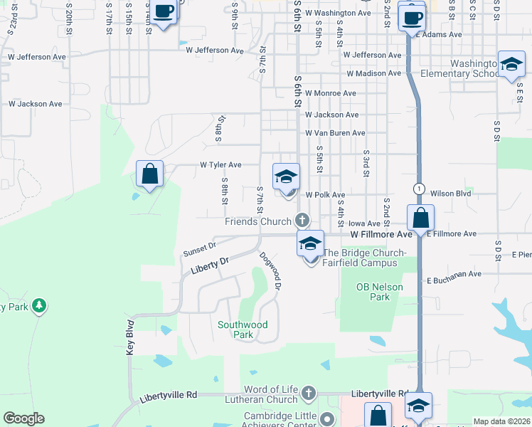 map of restaurants, bars, coffee shops, grocery stores, and more near 1109 South 7th Street in Fairfield