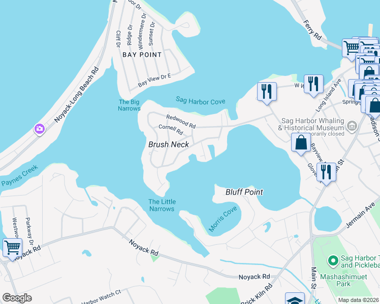 map of restaurants, bars, coffee shops, grocery stores, and more near 236 Redwood Road in Sag Harbor