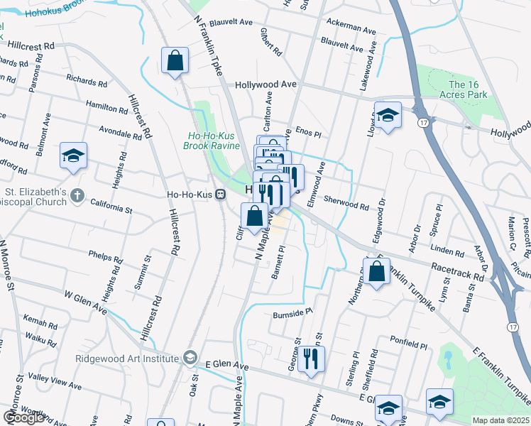 map of restaurants, bars, coffee shops, grocery stores, and more near 610 North Maple Avenue in Ho-Ho-Kus