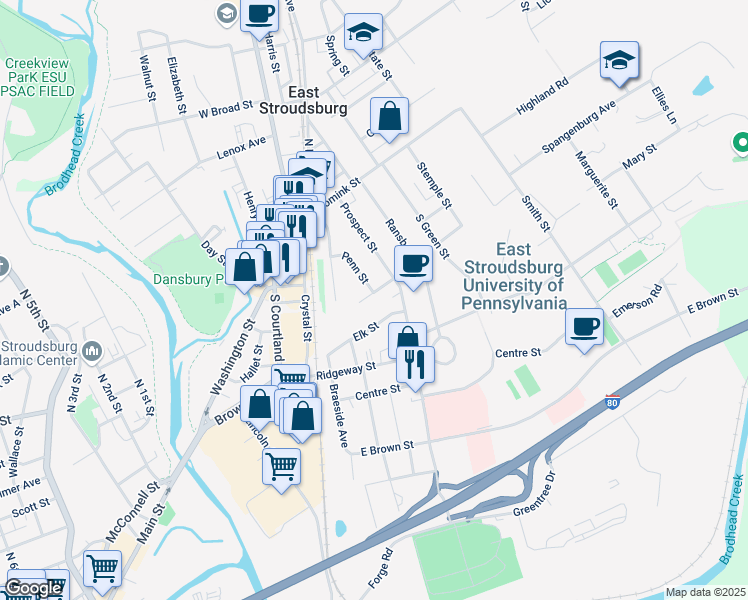 map of restaurants, bars, coffee shops, grocery stores, and more near 109 Fairview Street in East Stroudsburg
