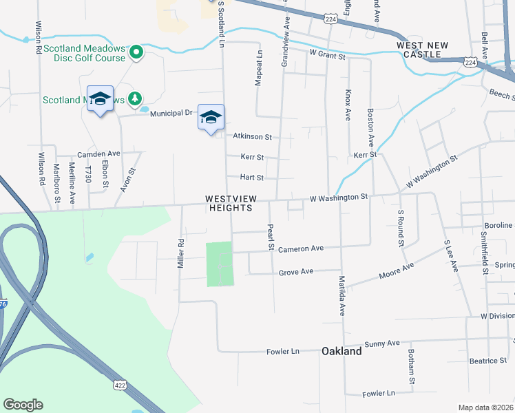 map of restaurants, bars, coffee shops, grocery stores, and more near 1709 West Washington Street in New Castle