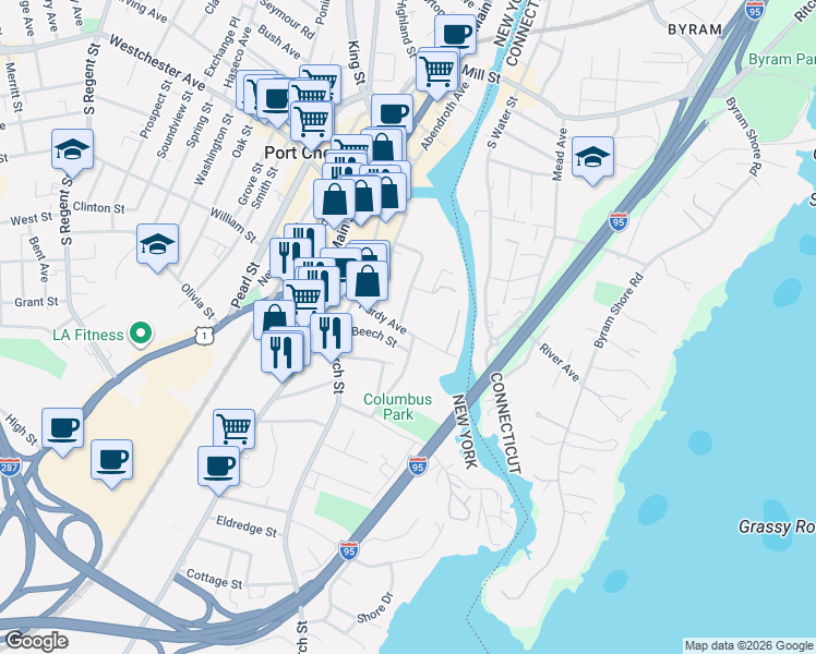 map of restaurants, bars, coffee shops, grocery stores, and more near 51 Purdy Avenue in Port Chester