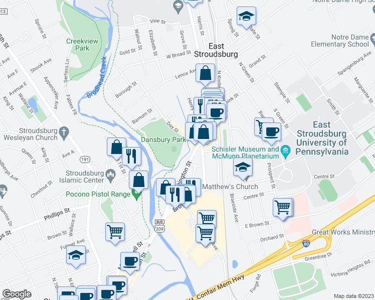 map of restaurants, bars, coffee shops, grocery stores, and more near 116 Washington Street in East Stroudsburg