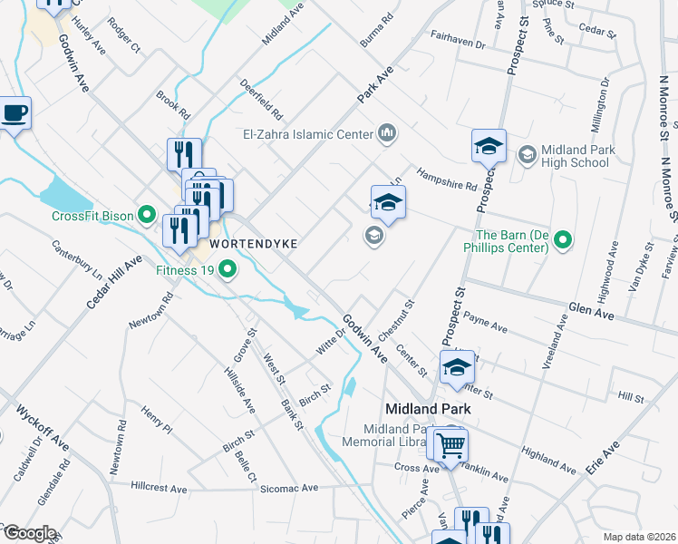 map of restaurants, bars, coffee shops, grocery stores, and more near 7 Baldin Drive in Midland Park
