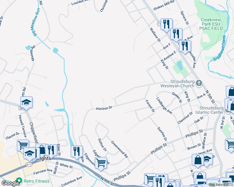 map of restaurants, bars, coffee shops, grocery stores, and more near 720 Avenue C in Stroudsburg
