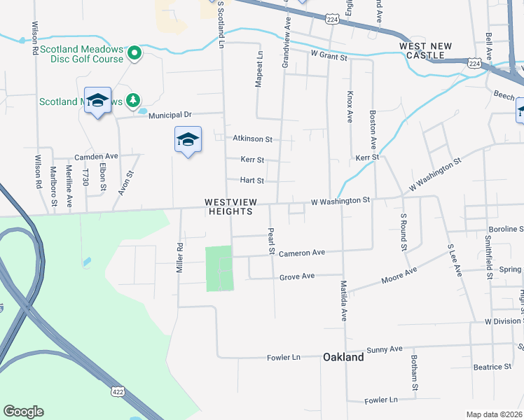 map of restaurants, bars, coffee shops, grocery stores, and more near 1709 W Washington St in New Castle