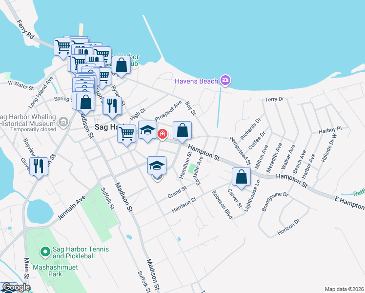 map of restaurants, bars, coffee shops, grocery stores, and more near 112 Hampton Street in Sag Harbor