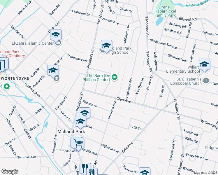 map of restaurants, bars, coffee shops, grocery stores, and more near 30 Dairy Street in Midland Park