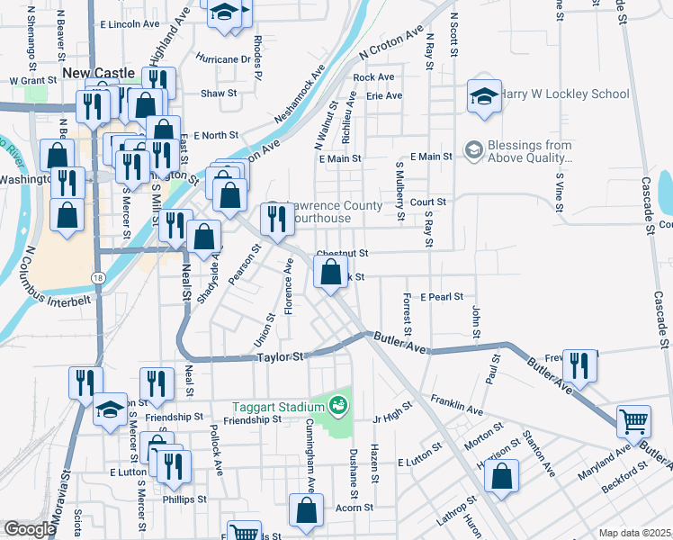 map of restaurants, bars, coffee shops, grocery stores, and more near 510 Pine Street in New Castle