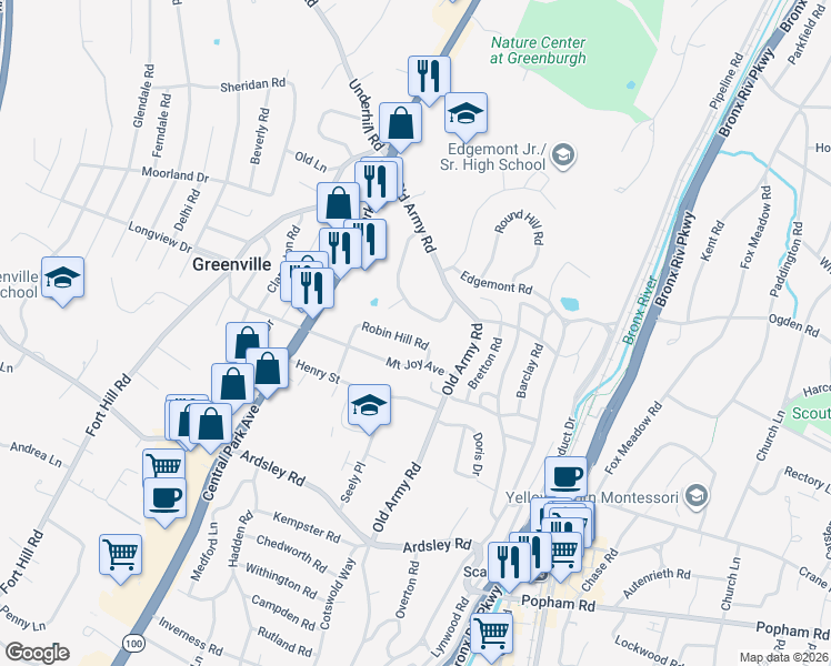 map of restaurants, bars, coffee shops, grocery stores, and more near 11 Robin Hill Road in Scarsdale