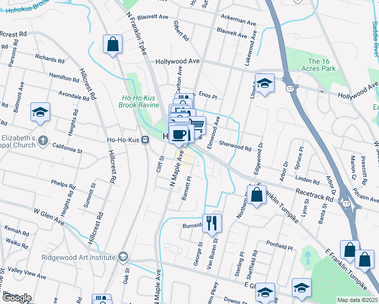 map of restaurants, bars, coffee shops, grocery stores, and more near 191 Franklin Turnpike in Ho-Ho-Kus