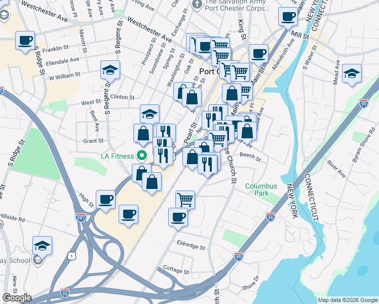 map of restaurants, bars, coffee shops, grocery stores, and more near 200-228 Boston Post Road in Port Chester