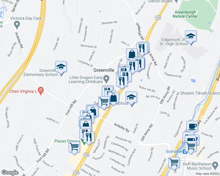 map of restaurants, bars, coffee shops, grocery stores, and more near 16 Dorchester Drive in Scarsdale
