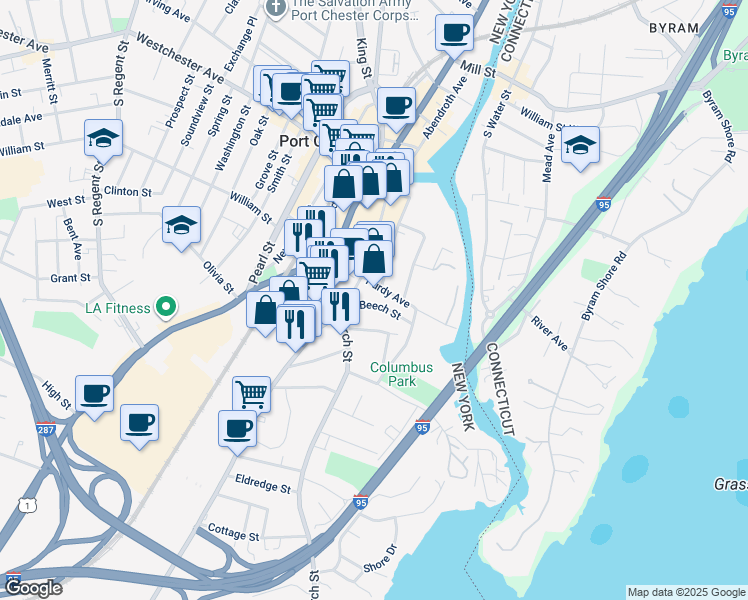 map of restaurants, bars, coffee shops, grocery stores, and more near 31 Beech Street in Port Chester