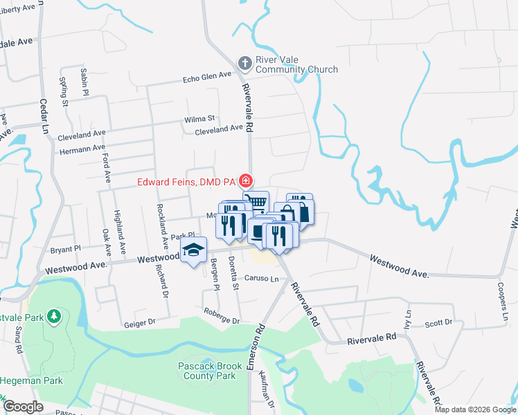 map of restaurants, bars, coffee shops, grocery stores, and more near 228 Rivervale Road in River Vale