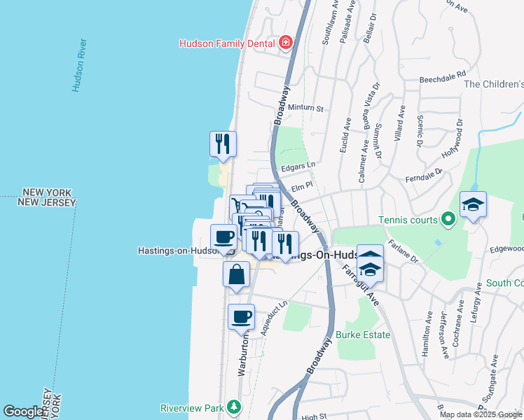map of restaurants, bars, coffee shops, grocery stores, and more near 595 Warburton Avenue in Hastings-on-Hudson