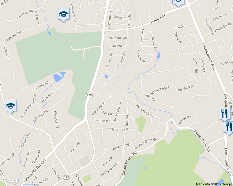 map of restaurants, bars, coffee shops, grocery stores, and more near 56 Wildwood Road in Scarsdale