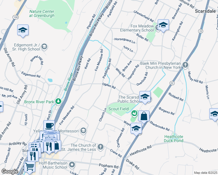 map of restaurants, bars, coffee shops, grocery stores, and more near 26 Ogden Road in Scarsdale