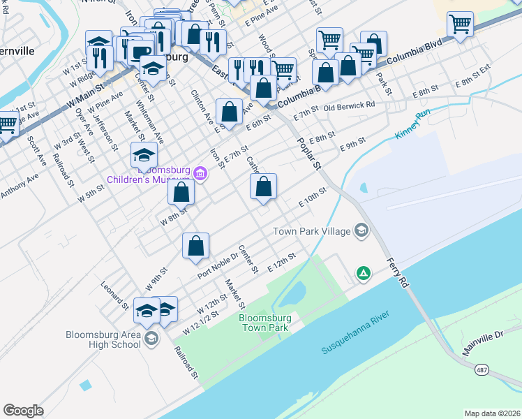 map of restaurants, bars, coffee shops, grocery stores, and more near 905 Iron Street in Bloomsburg