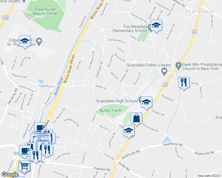 map of restaurants, bars, coffee shops, grocery stores, and more near 35 Ogden Road in Scarsdale