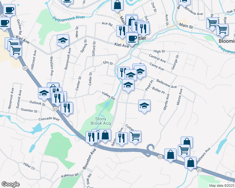 map of restaurants, bars, coffee shops, grocery stores, and more near 115-129 Boonton Avenue in Butler
